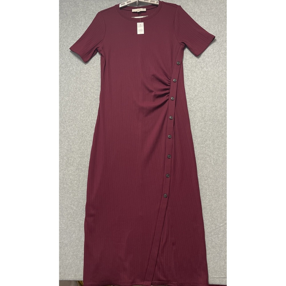 Loft Women's Midi Ribbed Button Trim Scalloped  Dress Size 6 Burgandy
